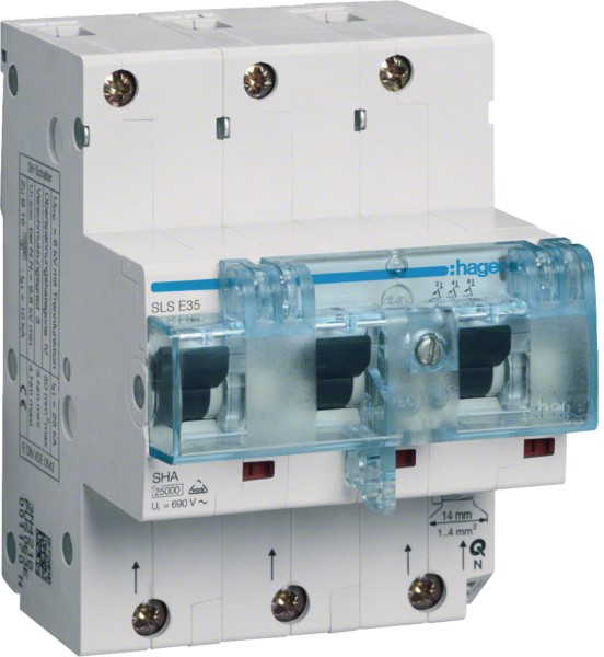 HAGER HTN335E SLS-Schalter, 3-polig, E-Charakteristik, 35A, für Hutschienenmontage